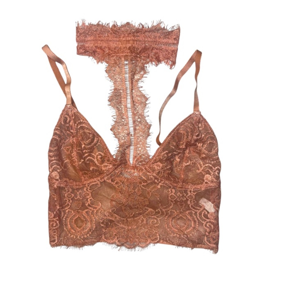Lace Sheer Bralette With Attached Choker Dusty Rose Pink Color Size Small - Picture 1 of 10
